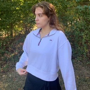 Tommy sweatshirt, white, zip up, half zip, crop top